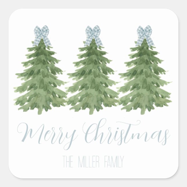Blue Gingham Bow Christmas Tree Sticker Gift Tag (Front)