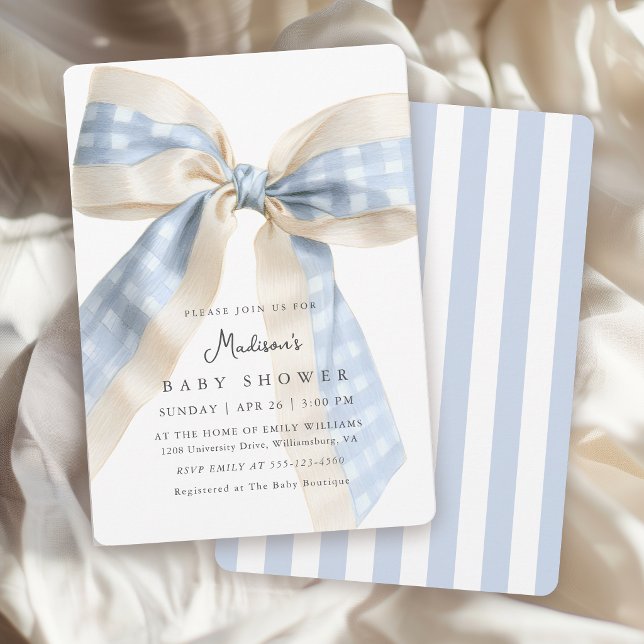 Blue Gingham Bow Cute Baby Shower Invitation (Invitation may be ordered in both printed and instant download digital formats.)
