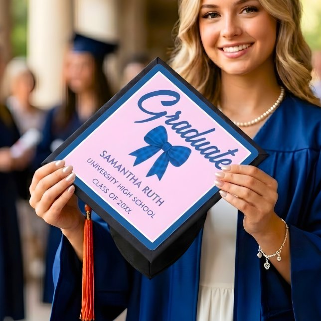 Blue Gingham Bow Graduation Cap Topper (Creator Uploaded)