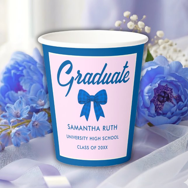Blue Gingham Bow Graduation Party Paper Cups (Creator Uploaded)