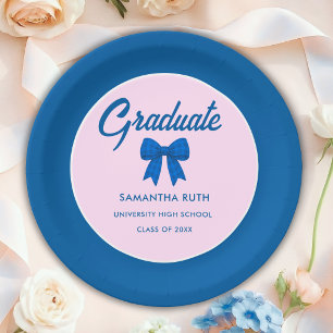 Blue Gingham Bow Graduation Party Paper Plate