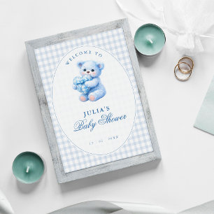 Blue Gingham Bow Heart Teddy Bear Baby Shower Poster