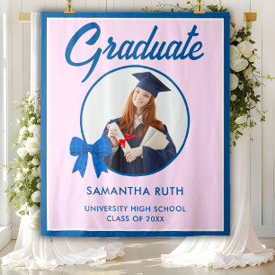 Blue Gingham Bow Photo Graduation Backdrop Tapestry