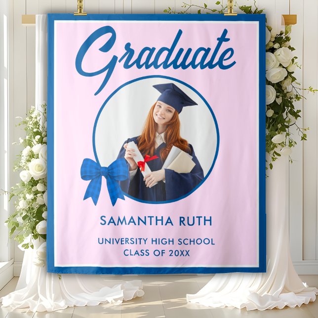 Blue Gingham Bow Photo Graduation Backdrop Tapestry (Creator Uploaded)