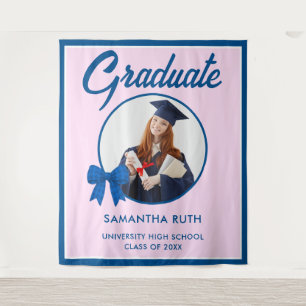 Blue Gingham Bow Photo Graduation Backdrop Tapestry