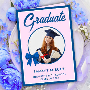 Blue Gingham Bow Photo Graduation Card