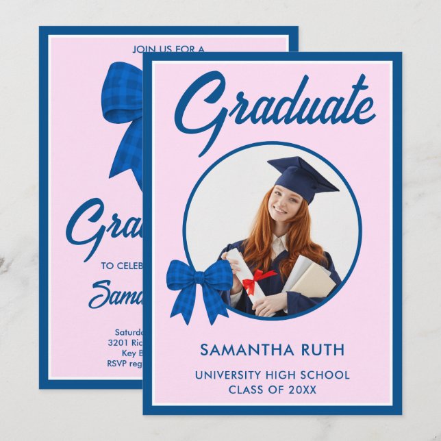 Blue Gingham Bow Photo Graduation Party Invitation (Front/Back)