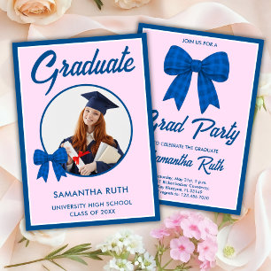 Blue Gingham Bow Photo Graduation Party Invitation