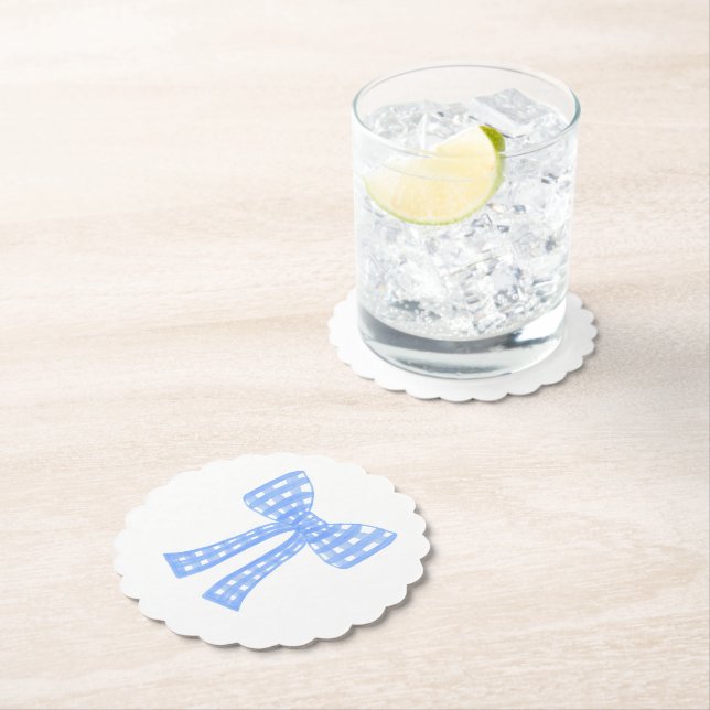Blue gingham bow preppy grandmillennial paper coaster (Insitu)