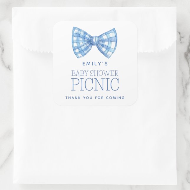 Blue Gingham Bow Tie Name Baby Shower Thank You Square Sticker (Bag)