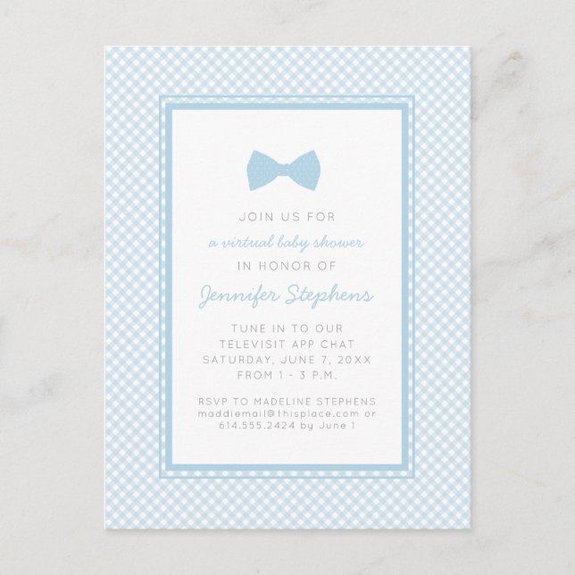 Blue gingham bow tie virtual baby shower postcard (Front)