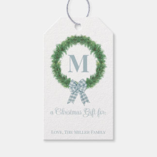 Blue Gingham Bow Wreath Gift Tag