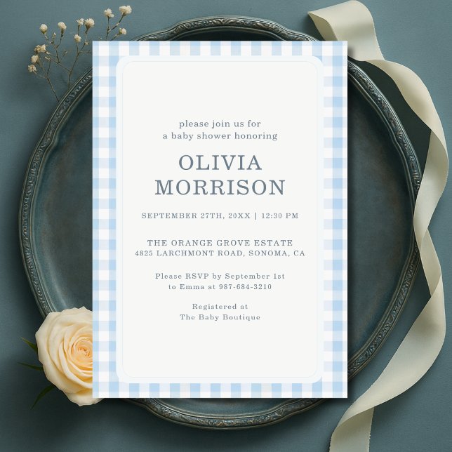 Blue Gingham Boy Baby Shower Invitation (Creator Uploaded)