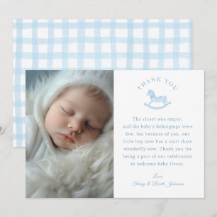 Blue Gingham Boy Baby Shower Photo Thank You Card