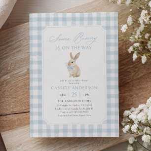 Blue Gingham Boy Bunny Baby Shower Invitation