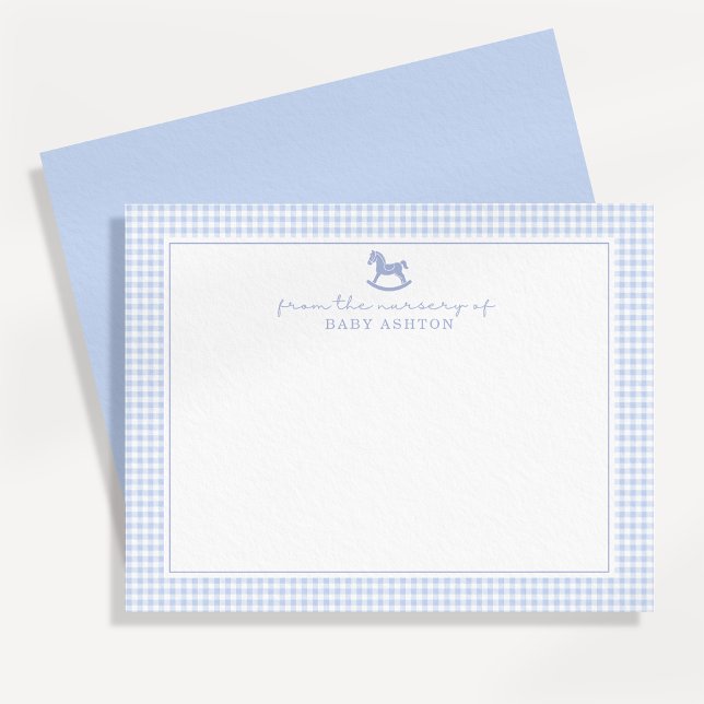 Blue Gingham  Boy Personalized Nursery Note Card (Creator Uploaded)