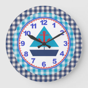 Blue Gingham Boys Sailboat Clock with Numbers
