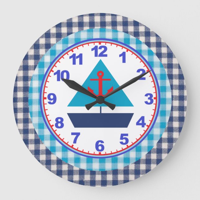 Blue Gingham Boys Sailboat Clock with Numbers (Front)