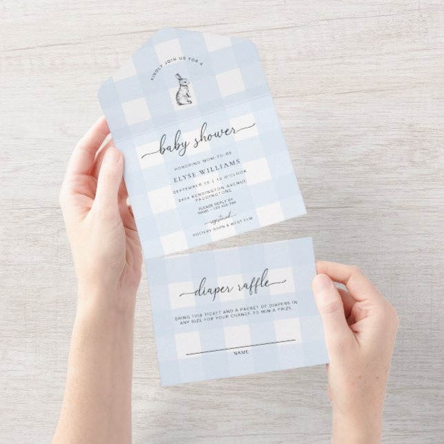 Blue Gingham Bunny Rabbit Baby Shower All In One Invitation (Tearaway)