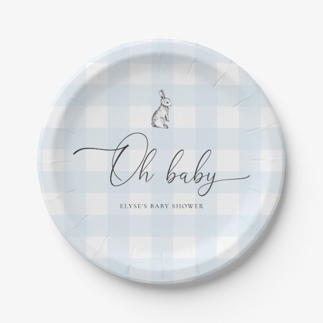 Blue Gingham Bunny Rabbit Baby Shower Paper Plate (Front)