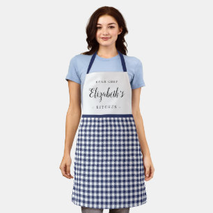 Blue gingham check adult personalized cooking apron