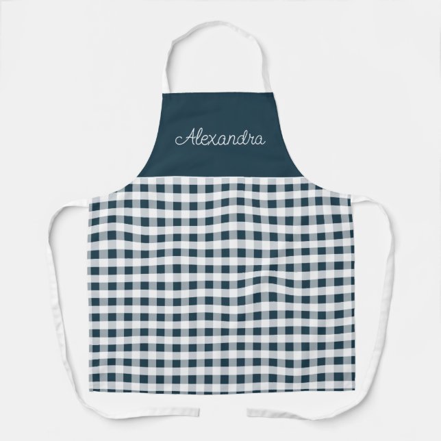 Blue Gingham Check Adult Personalized Cooking  Apron (Front)