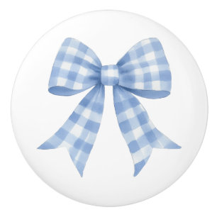 Blue Gingham Check Bow  Ceramic Knob