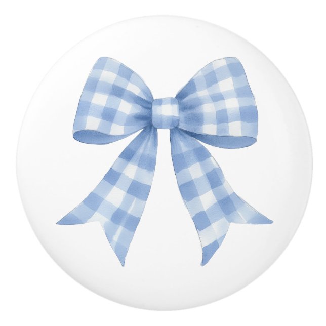 Blue Gingham Check Bow  Ceramic Knob (Front)