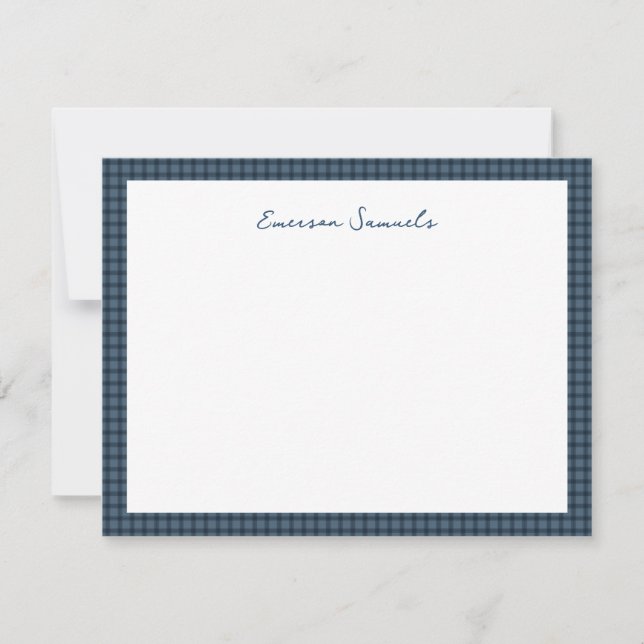 Blue gingham check frame personalized card (Front)