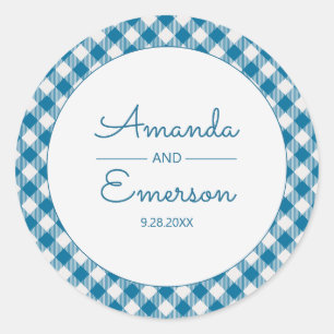 Blue Gingham Check Fun Casual Custom Wedding Favou Classic Round Sticker