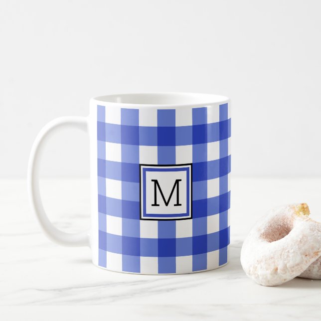 Blue Gingham Check Monogram Coffee Mug (With Donut)