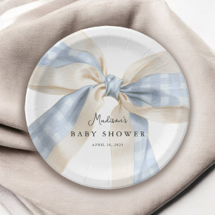 Blue Gingham Checks Bow Baby Shower Paper Plate