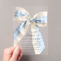 Blue Gingham Checks Bow Cute Baby Shower