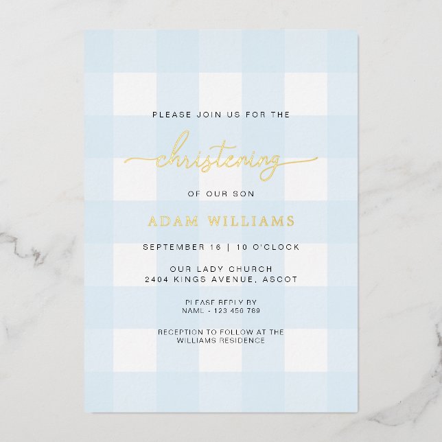 Blue Gingham Christening Gold Foil Invitation (Front)