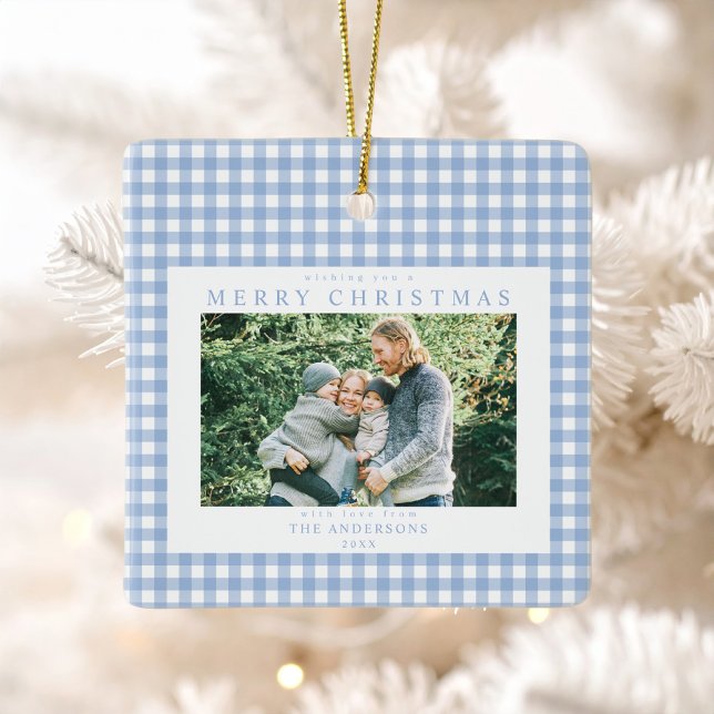 Blue Gingham Christmas Photo Ceramic Ornament (Creator Uploaded)