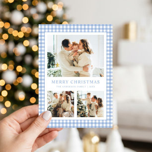 Blue Gingham Christmas Photo Holiday Card