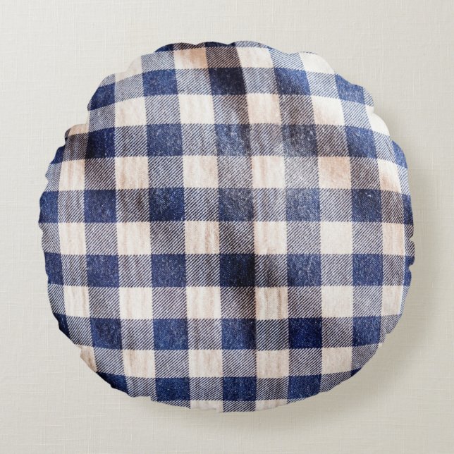 blue gingham cloth closeup, shirts fabric texture  round pillow (Front)