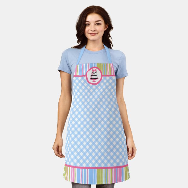 Blue Gingham Colourful Stripes Cake Apron (Worn)