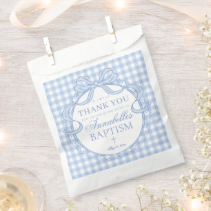 Blue Gingham Coquette Bow Baptism Dessert Favour Bag
