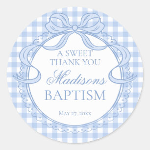 Blue Gingham Coquette Bow Baptism Favor Classic Round Sticker