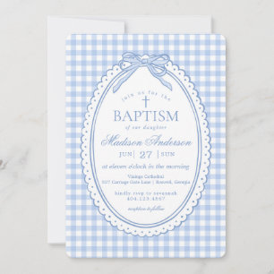 Blue Gingham Coquette Bow Baptism Invitation