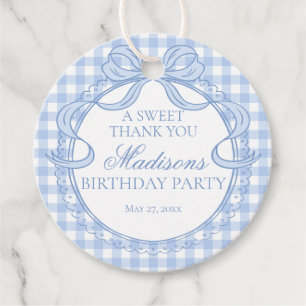 Blue Gingham Coquette Bow Birthday Party Circle Favour Tags