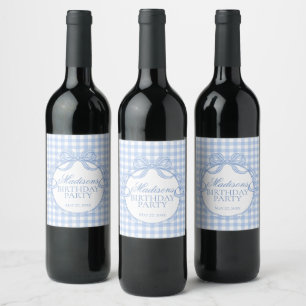Blue Gingham Coquette Bow Birthday Party Wine Label