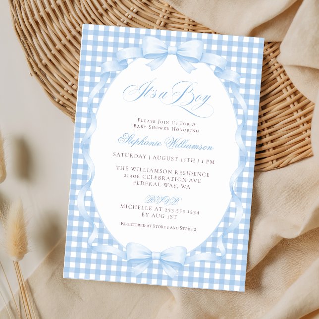 Blue Gingham Coquette Bow Boy Baby Shower Invitation (Blue Gingham Coquette Bow Boy Baby Shower Invitation)
