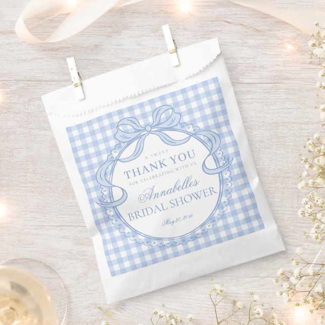 Blue Gingham Coquette Bow Bridal Shower Dessert Favour Bag (Clipped)