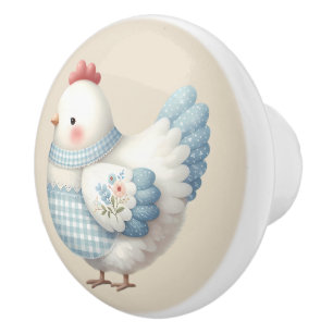 Blue Gingham Cottage Hen Ceramic Knob