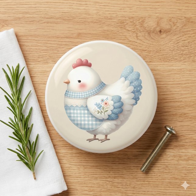 Blue Gingham Cottage Hen Ceramic Knob (Blue Gingham Cottage Hen Ceramic Knob)