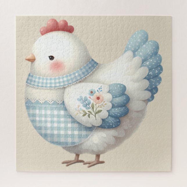 Blue Gingham Cottage Hen Jigsaw Puzzle (Vertical)