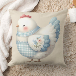 Blue Gingham Cottage Hen Throw Pillow