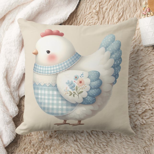 Blue Gingham Cottage Hen Throw Pillow (Blanket)
